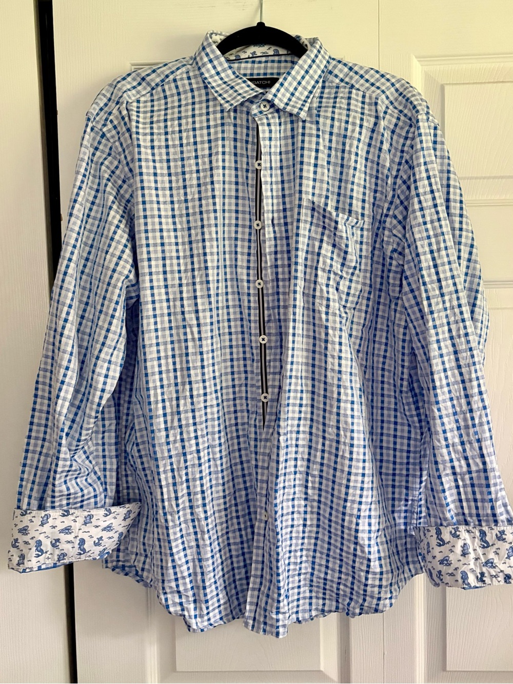 Bugatchi Blue and White Plaid Casual Button-Down Shirt